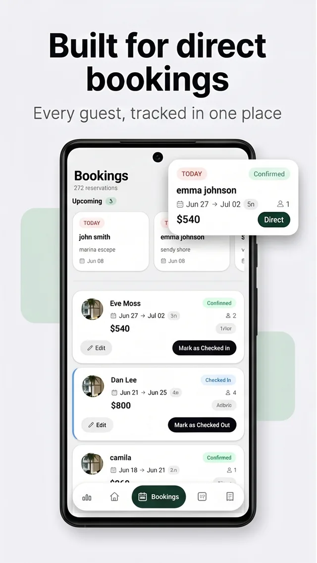 Booking list in Mudifly with guest names, dates, prices, and check-in actions